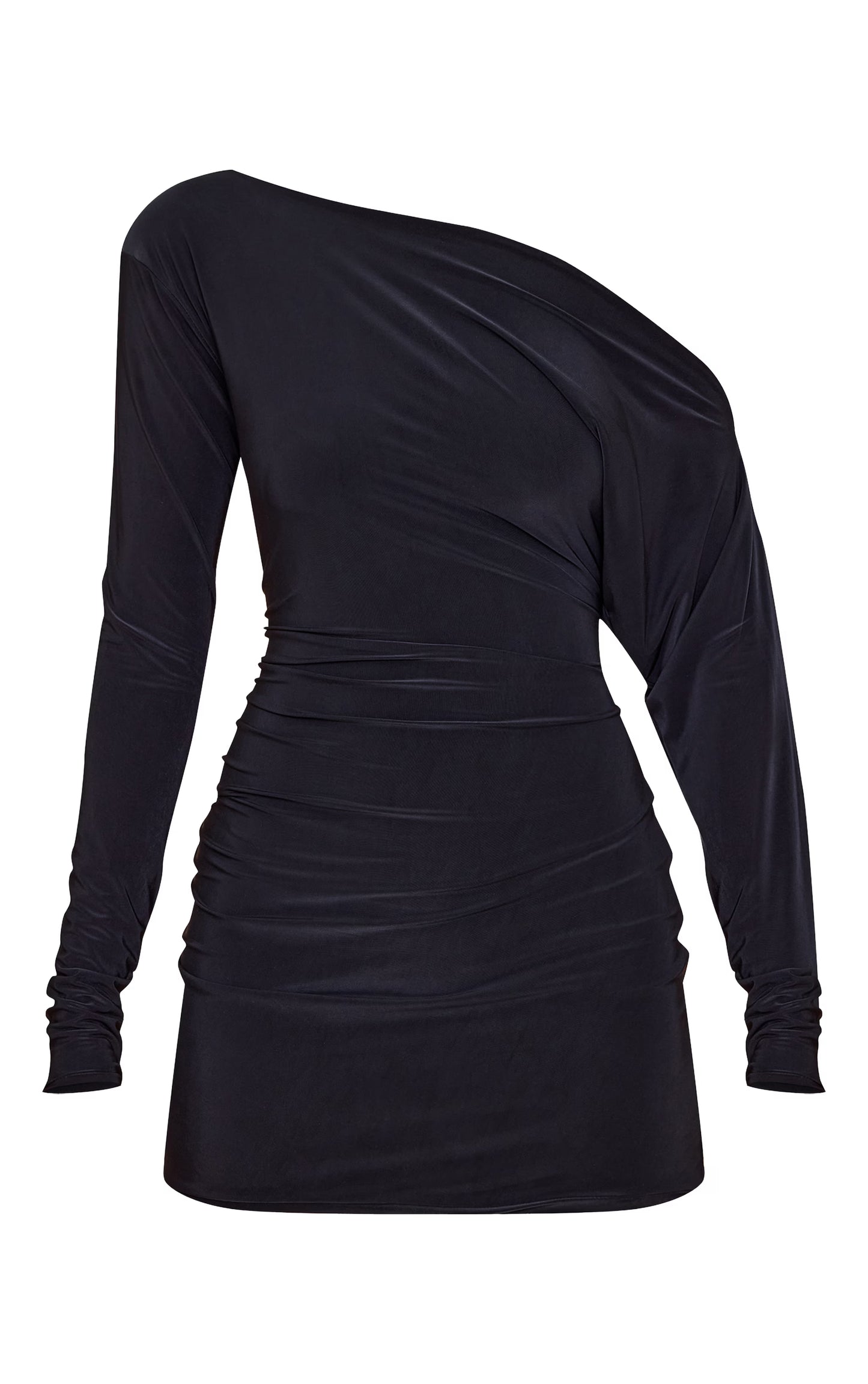 Black Double Layer Slinky Asymmetric Off The Shoulder Mini Dress