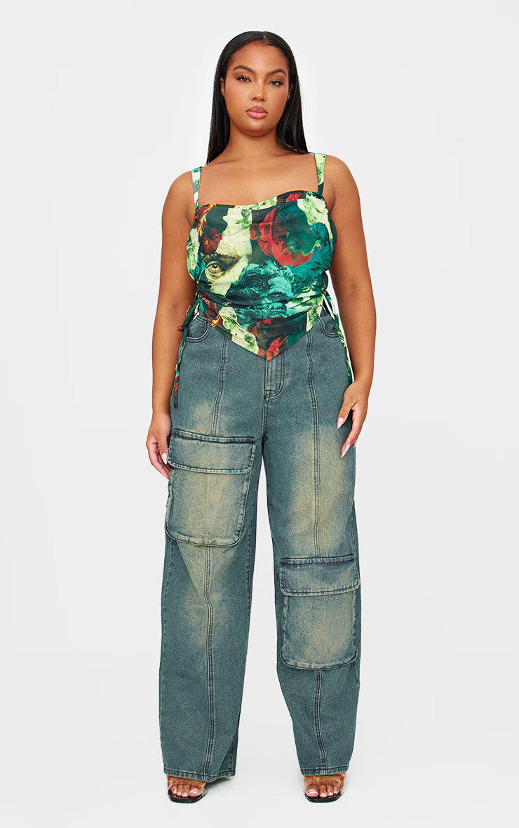 Plus Green Abstract Print Mesh Layered Corset Top