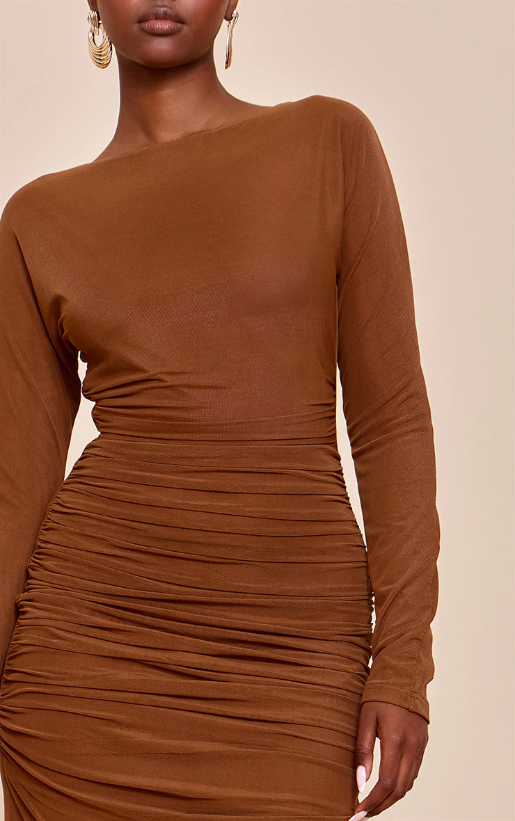 Chocolate Ruched Long Sleeve Maxi Dress