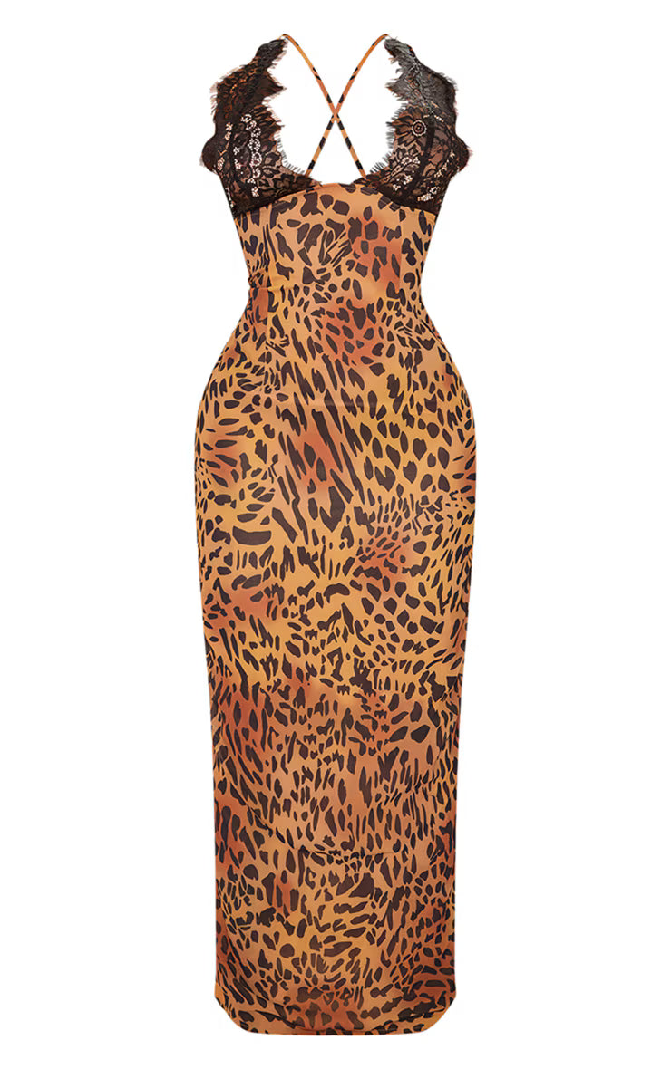 Shape Brown Leopard Printed Woven Lace Cup Detail Maxi Dress