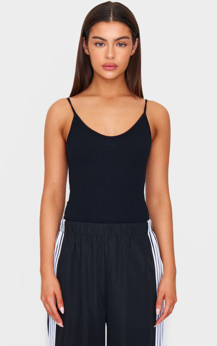 Black Snatched Rib Strappy Bodysuit