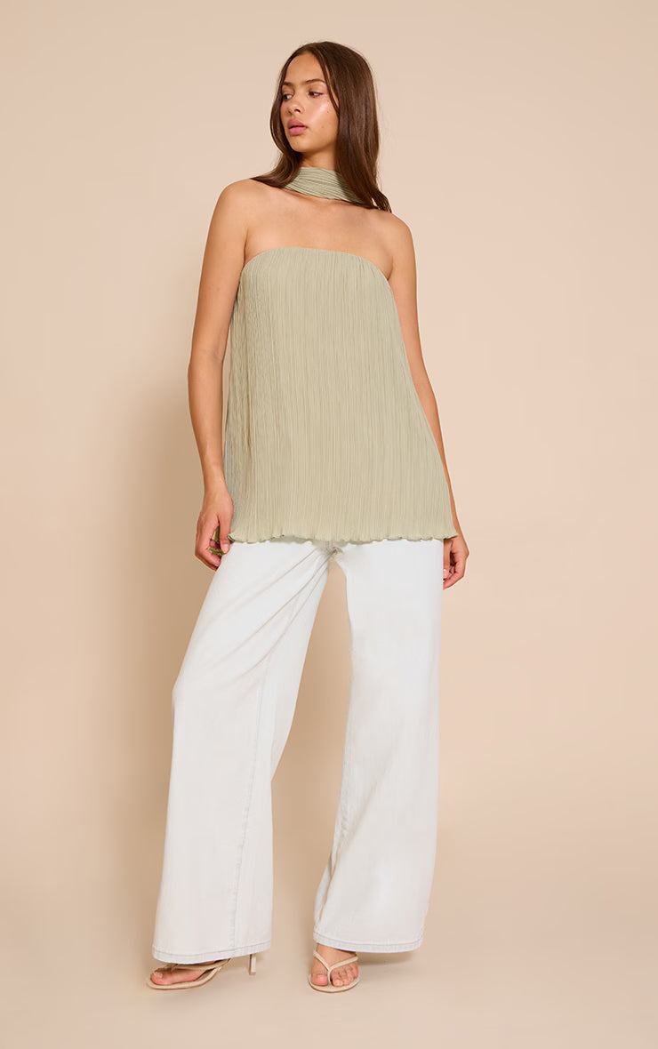 Sage Chiffon Bandeau Neck Scarf Detail Long Top