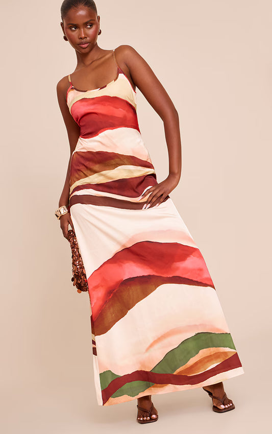 Cream Abstract Satin Scoop Neck Spaghetti Strap Maxi Dress