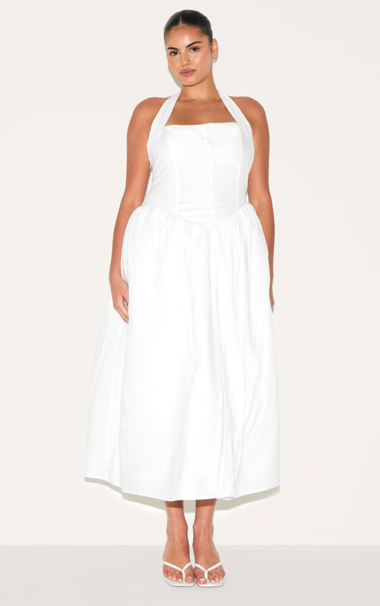 Plus White Embroidered Cotton Halterneck Midaxi Dress