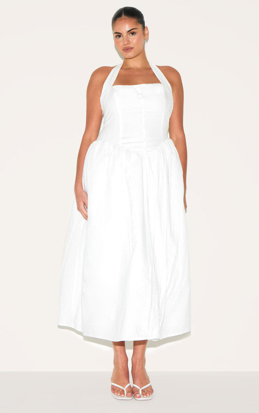 Plus White Embroidered Cotton Halterneck Midaxi Dress