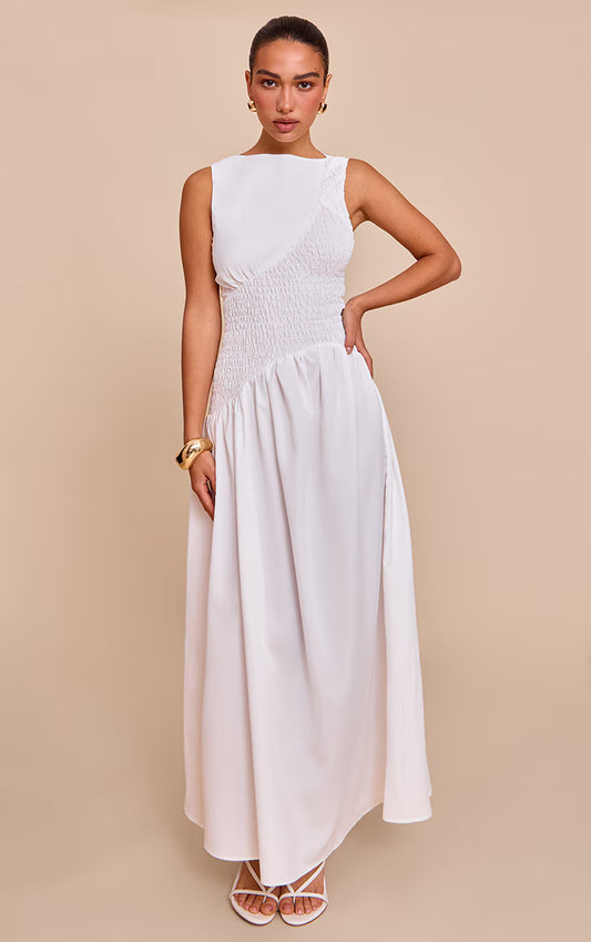 White Shirred Detail Sleeveless Maxi Dress
