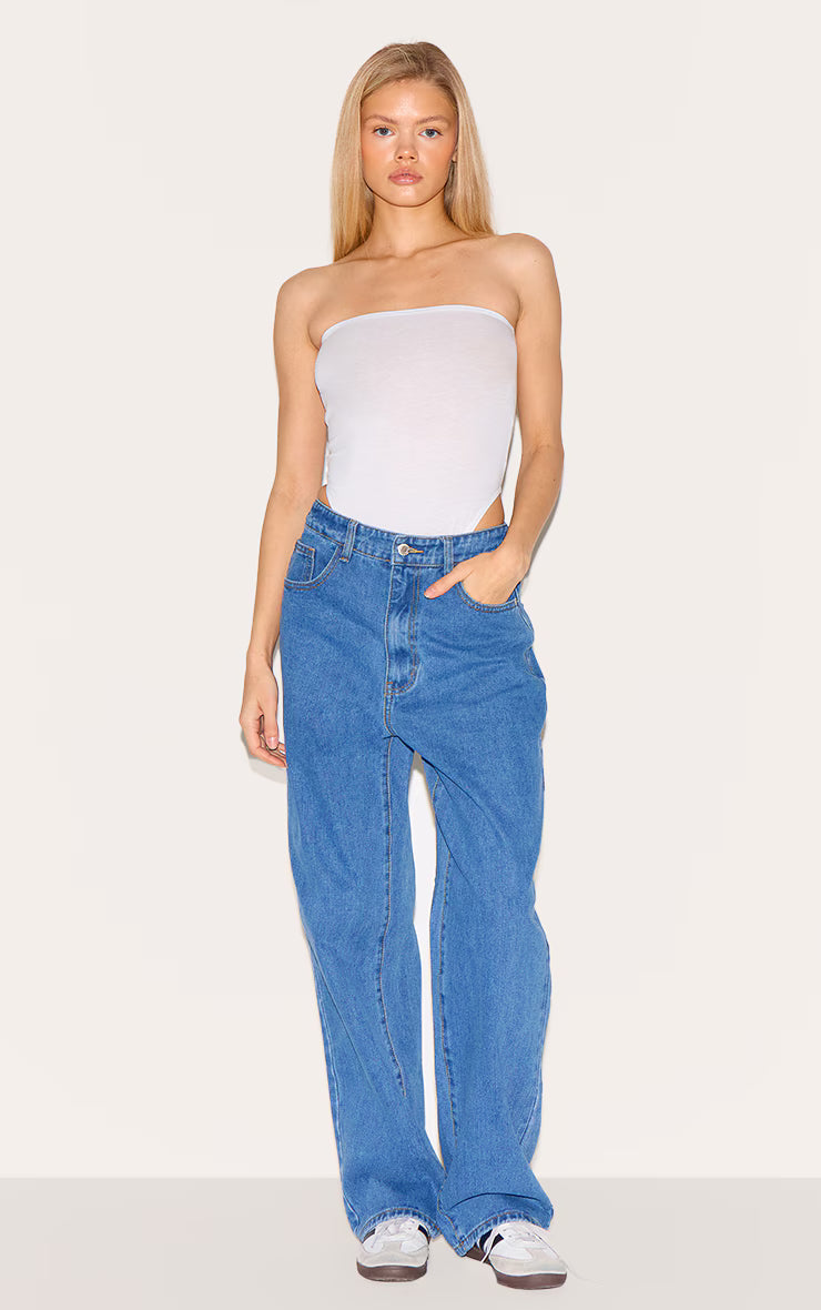 Basic White Cotton Blend Bandeau Bodysuit