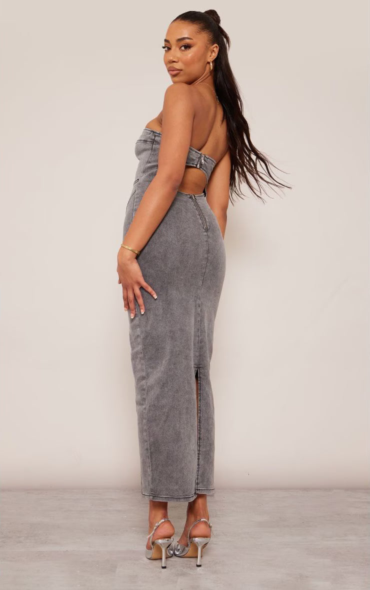 Tall Black Bandeau Stretch Denim Midaxi Dress