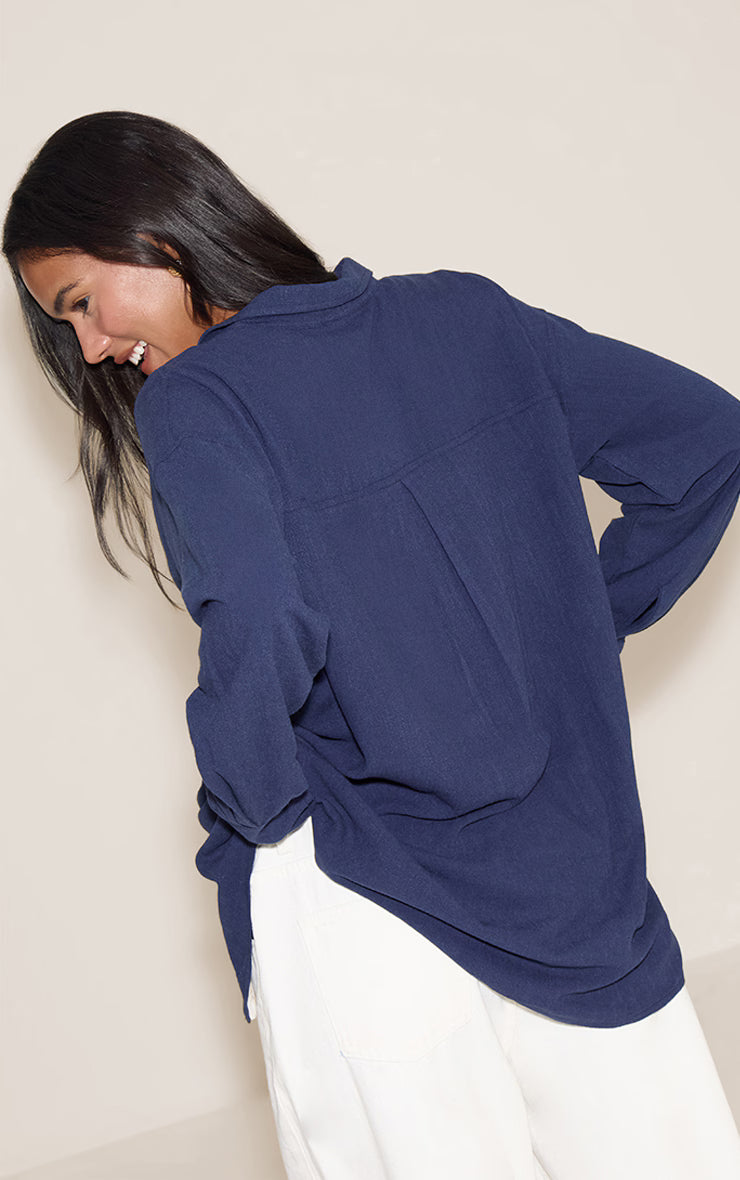 Navy Linen Look Boxy Oversized Shirt