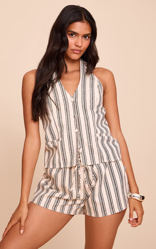 Natural Textured Stripe Halter Tie Back Vest
