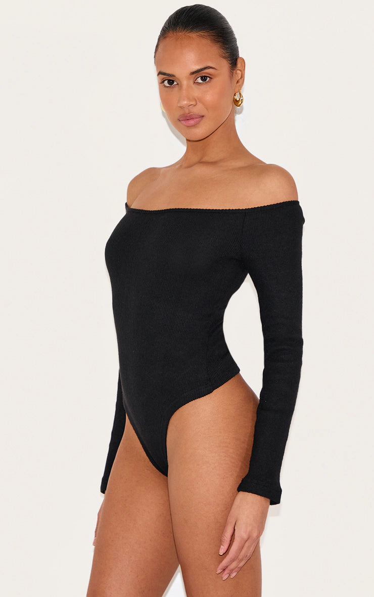 Black Brushed Rib Bardot Long Sleeve Bodysuit