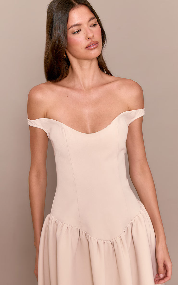 Cream Woven Dipped Bardot Ruched Midaxi Dress