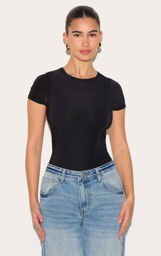 Black Basic Slinky Short Sleeve Bodysuit