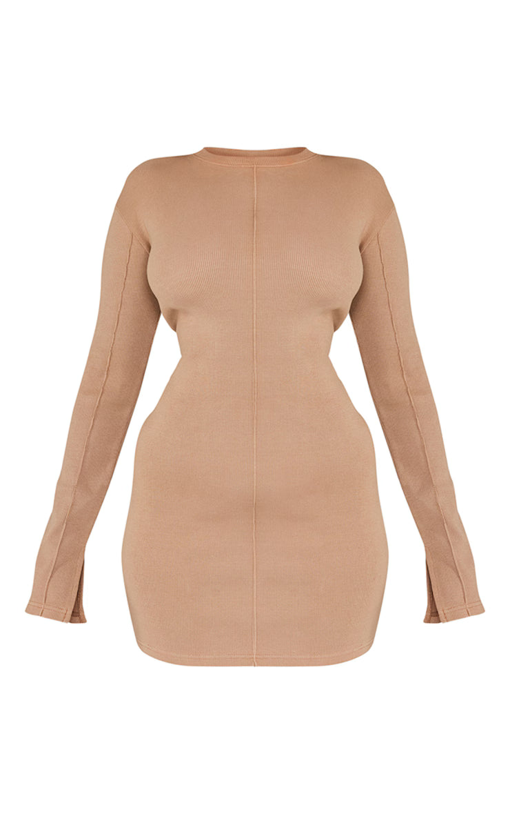 Taupe Ribbed Exposed Seam Long Sleeve Bodycon Dress