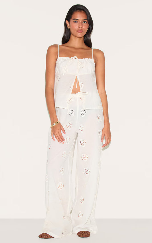 White Broderie Swirl Detail Straight Leg Pants