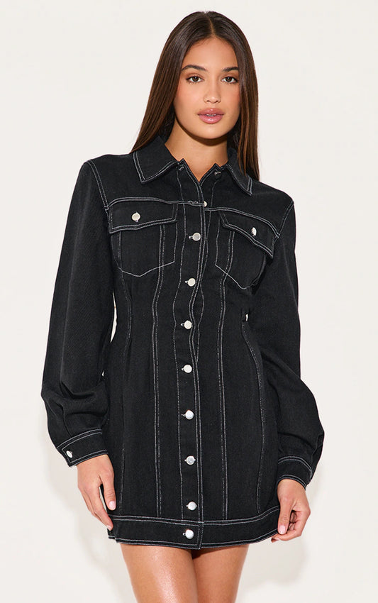 Indigo Twill Contrast Stitch Button Bodycon Dress