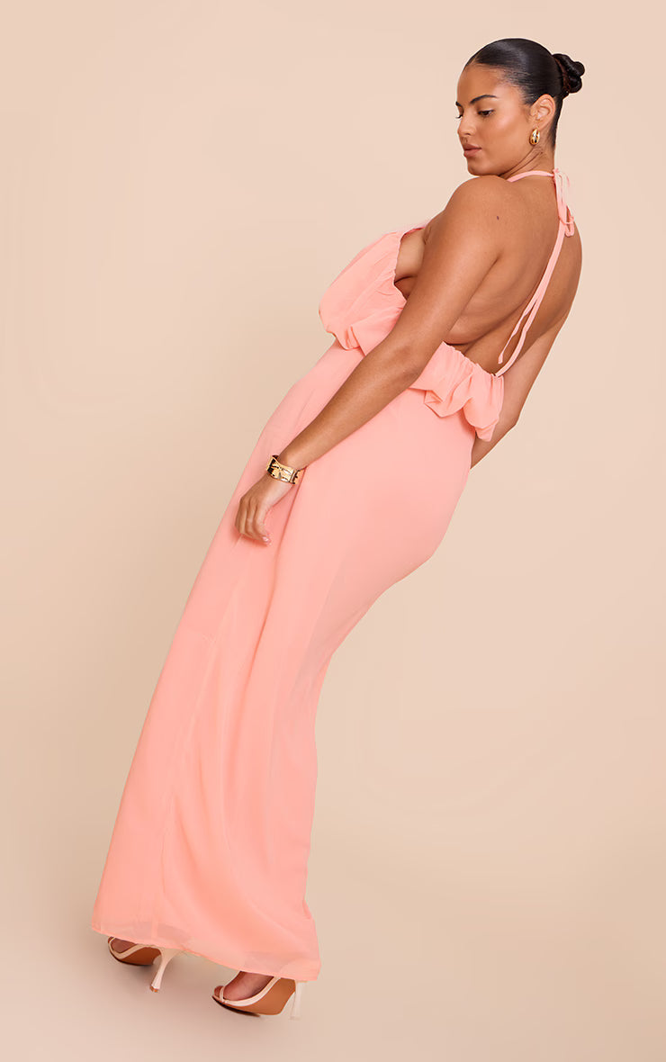 Plus Peach Chiffon Halter Neck Maxi Dress