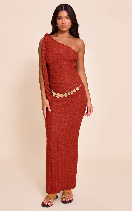 Rust Textured One Shoulder Drape Detail Maxi Dress