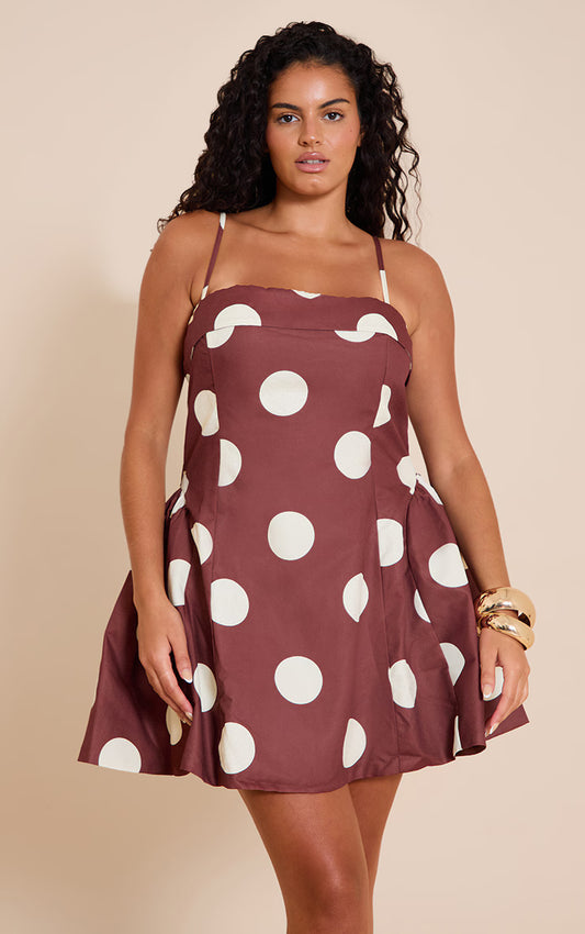 Plus Brown Polka Dot Strappy Structured Shift Dress