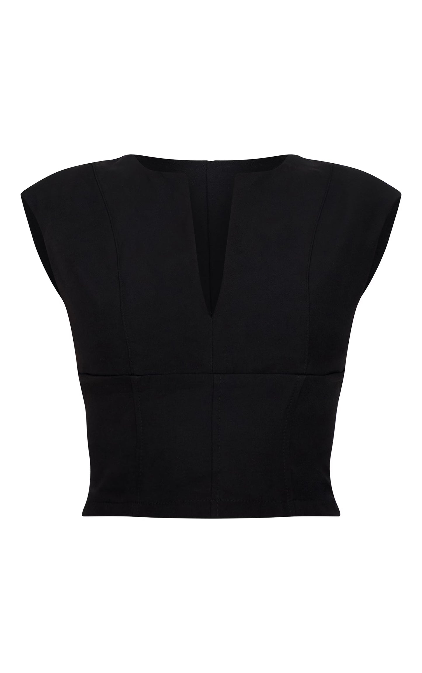 Black Tailored Woven Plunge Cap Sleeve Cinched Waist Long Top