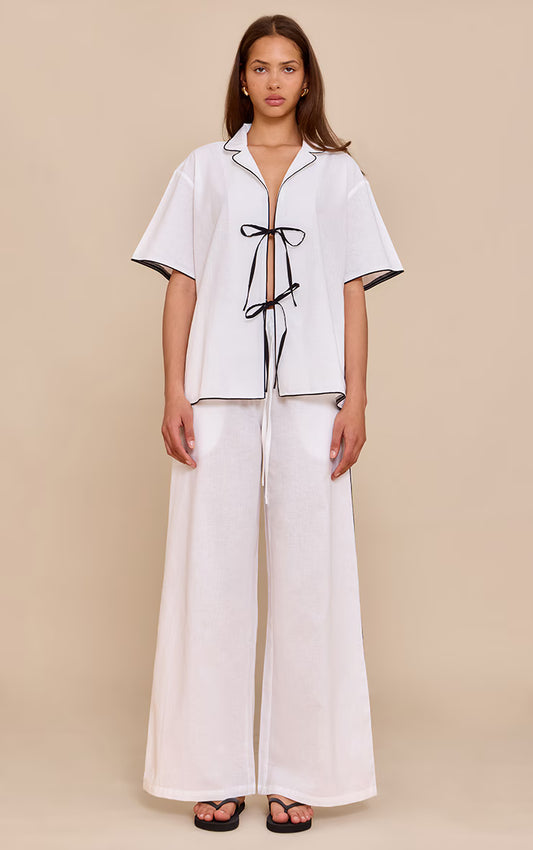Cream Linen Look Contrast Wide Leg Pants