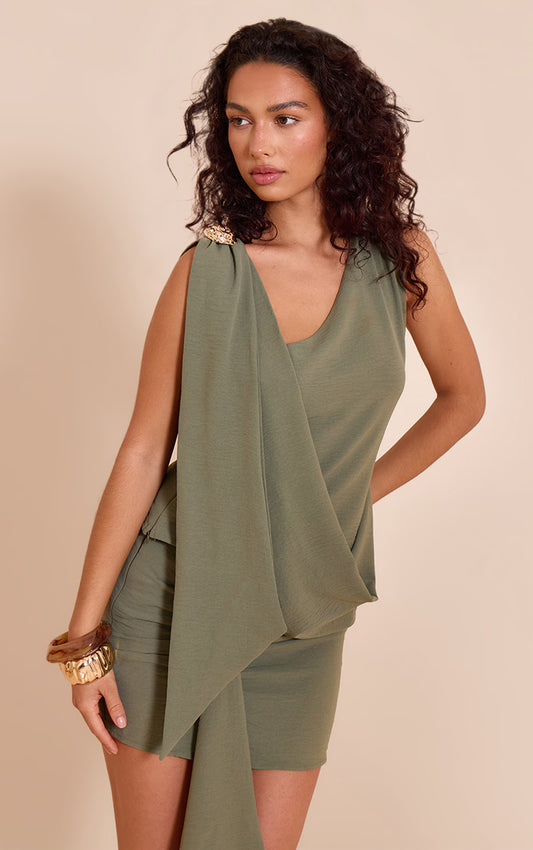Olive Textured Cowl Neck Drape Detail Top