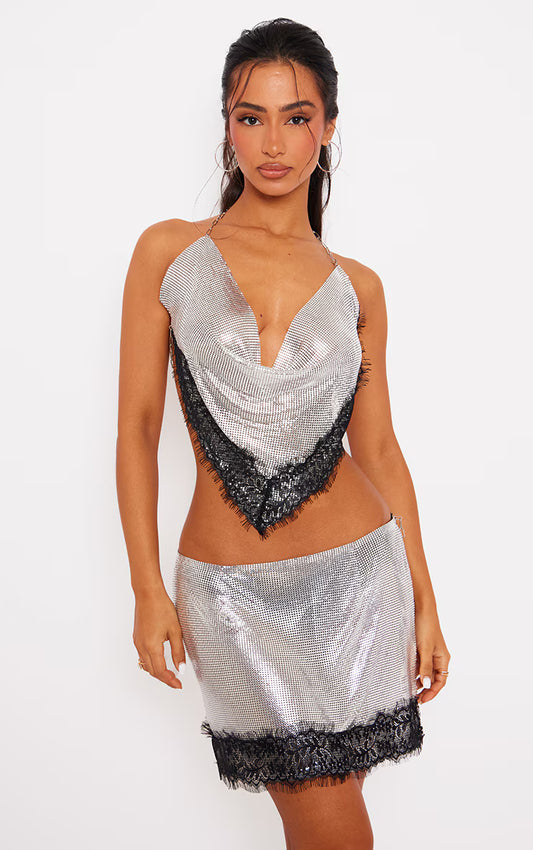Petite Silver Lace Detail Chainmail Crop Top