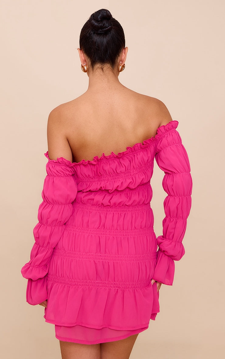 Fuchsia Chiffon Bardot Long Sleeve Ruched Bodycon Dress