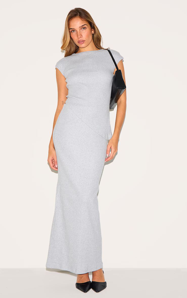 Grey Marl Brushed Rib Asymmetrical Cap Sleeve Long Top