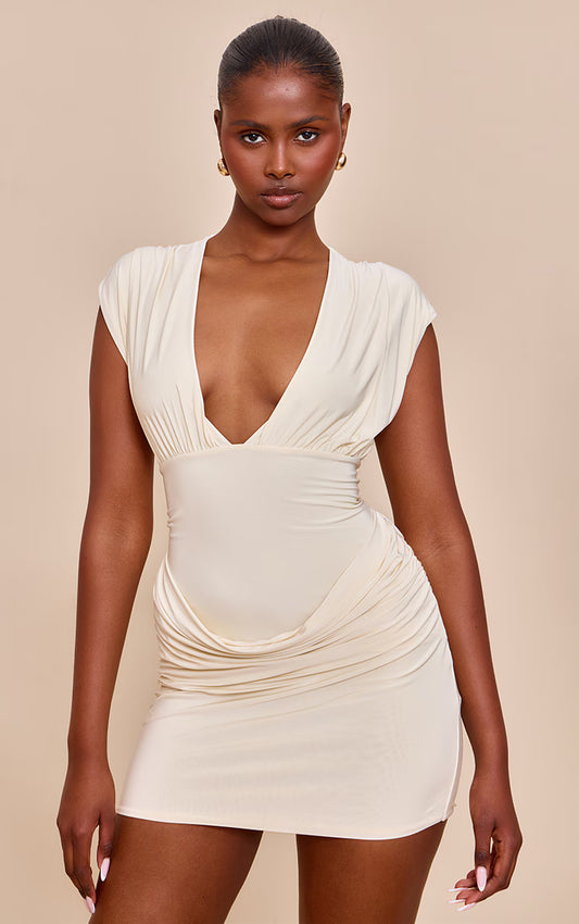 Butter Cream Soft Touch Cowl Drape Mini Dress
