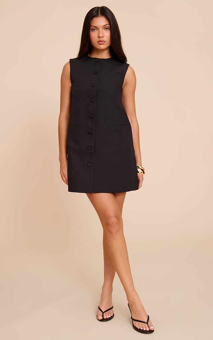 Black Tailored Woven Button Down A Line Mini Dress