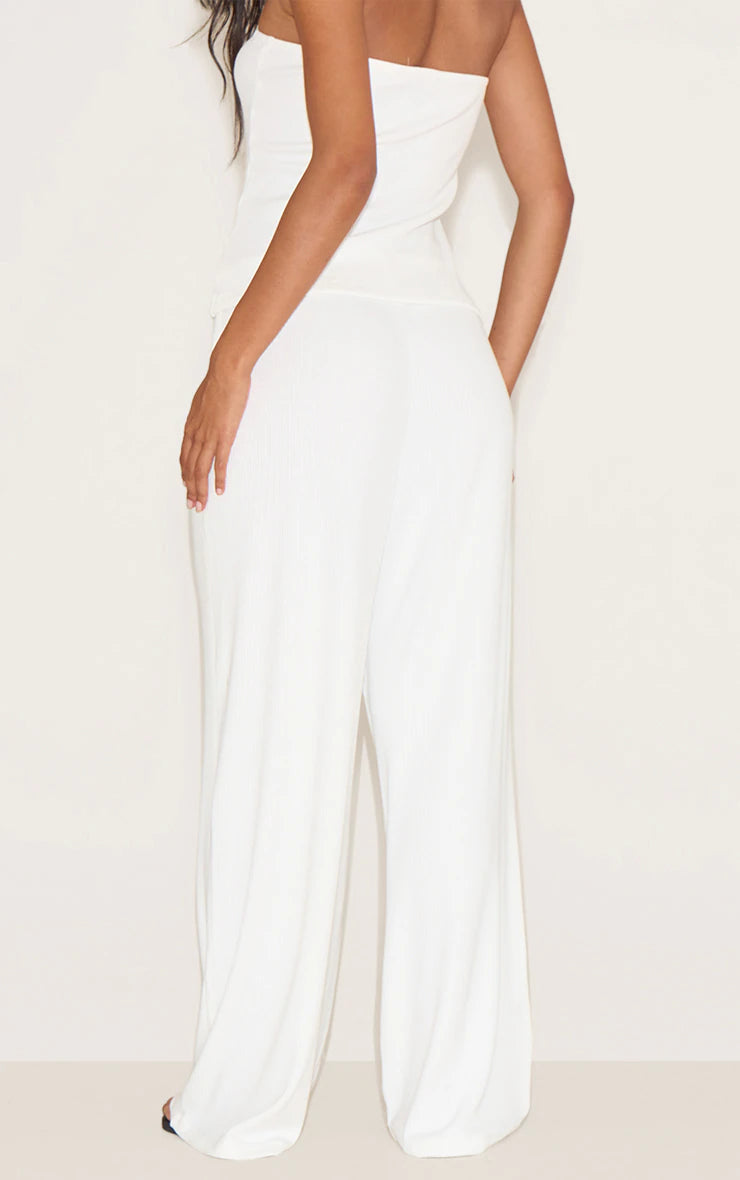 White Textured Drawstring Slouchy Wide Leg Pants