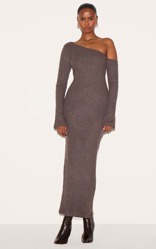 Chocolate Heavy Brushed Asymmetric Maxi Dress