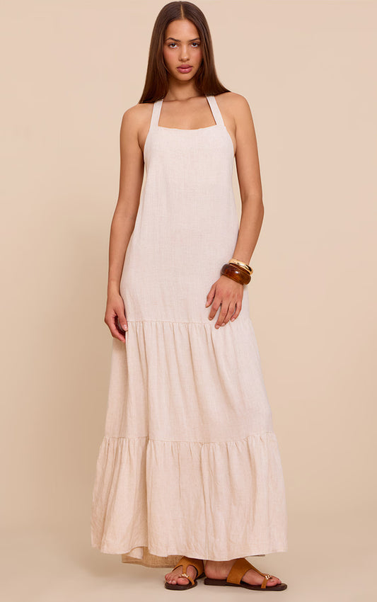 Natural Textured Halterneck Drop Waist Maxi Dress