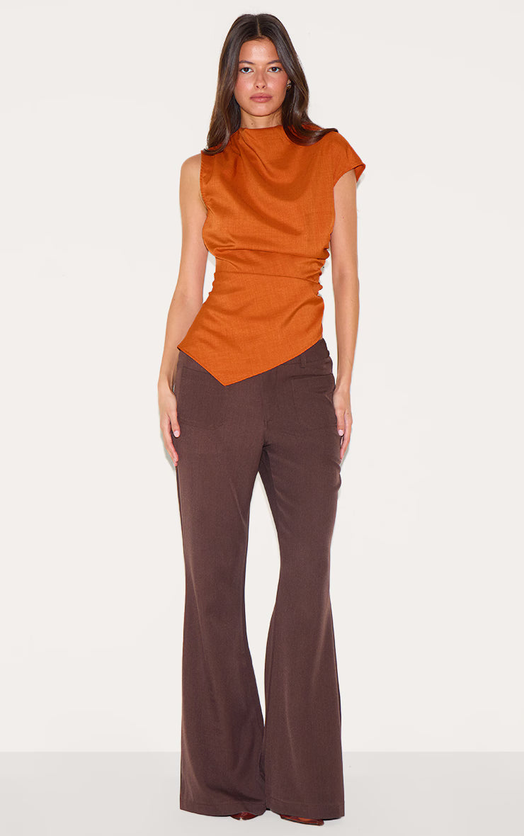 Rust Woven Ruched Asymmetric Long Top
