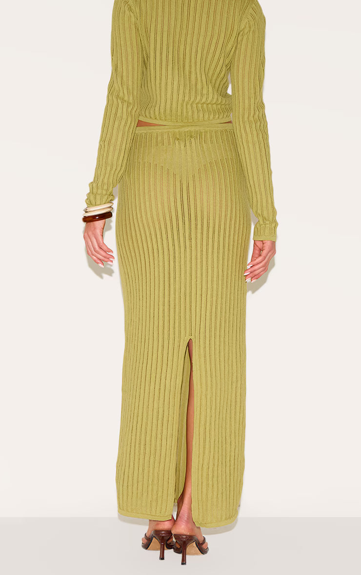 Olive Pointelle Knit Trim Split Maxi Skirt
