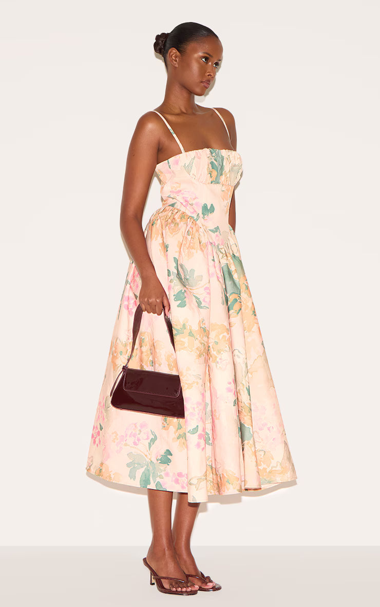 Pink Abstract Floral Ruched Bust Corset Strappy Midaxi Dress