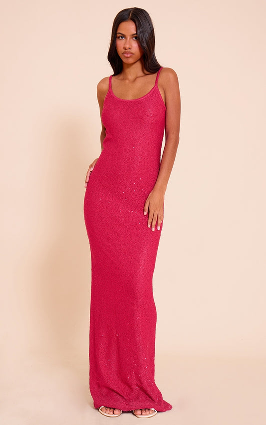 Petite Bright Pink Sequin Knitted Maxi Dress