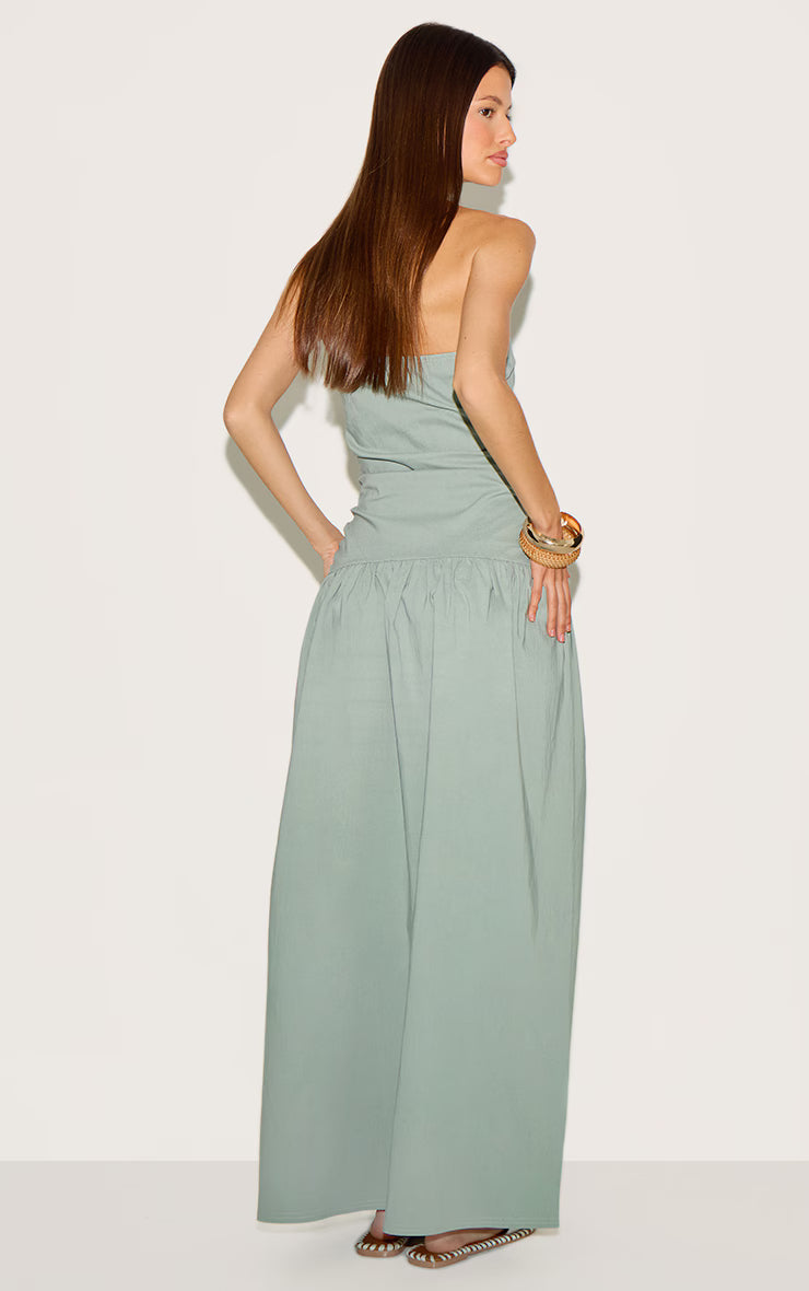 Sage Stretch Woven Bandeau Ruched Maxi Dress