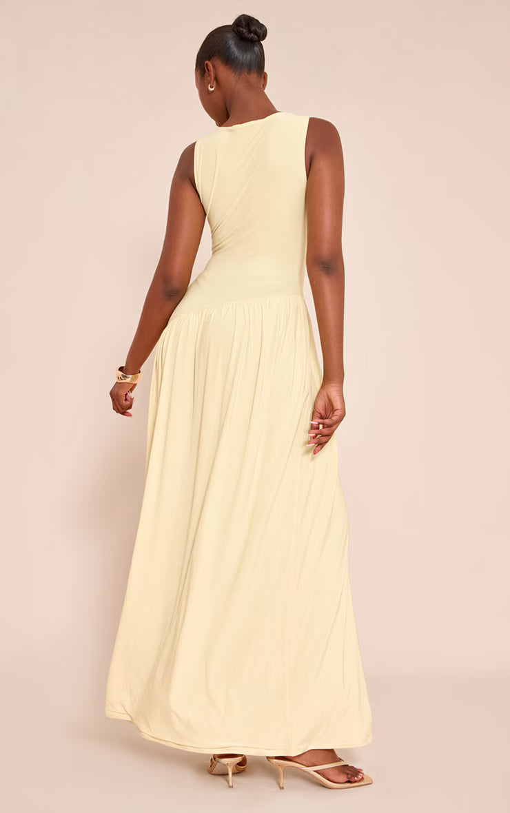 Yellow Double Layer Soft Touch Asymmetric Dropped Waist Maxi Dress