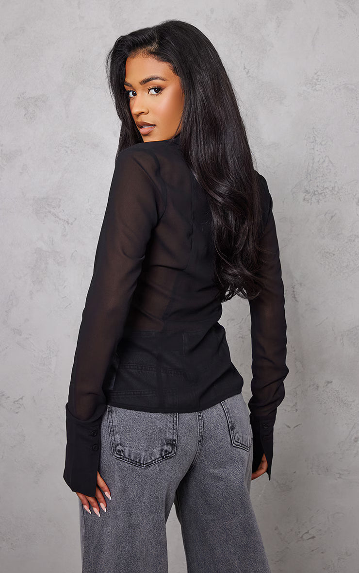 Tall Black Mesh Button Front Blouse