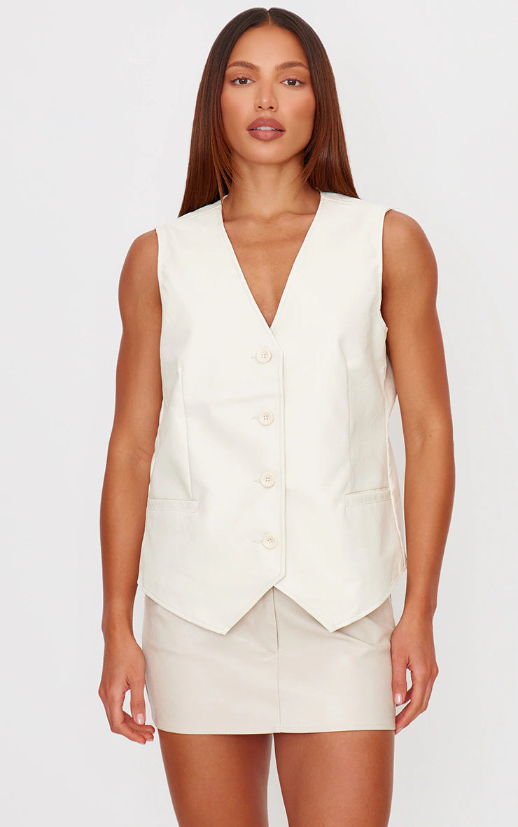Cream Faux Leather Oversized Vest