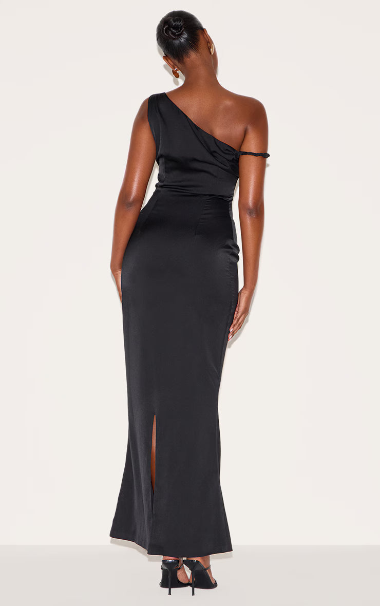 Black Satin Asymmetric Bardot Twist Maxi Dress