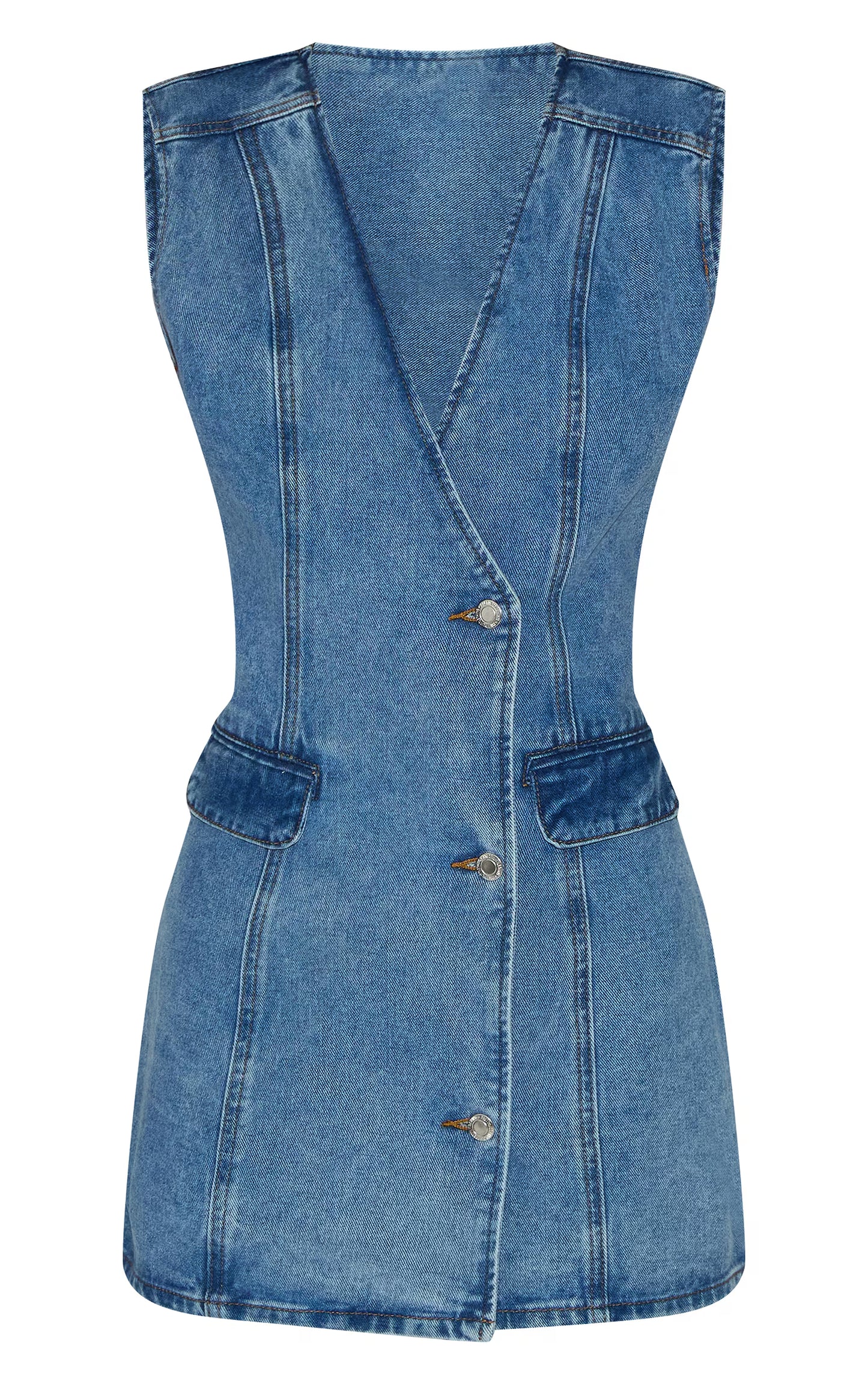 Mid Blue Wash Button Up Vest Style Denim Dress