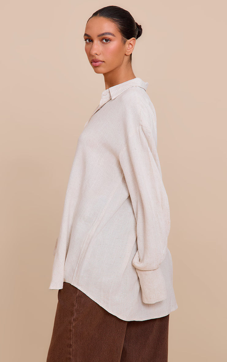 Beige Linen Look Boxy Oversized Shirt