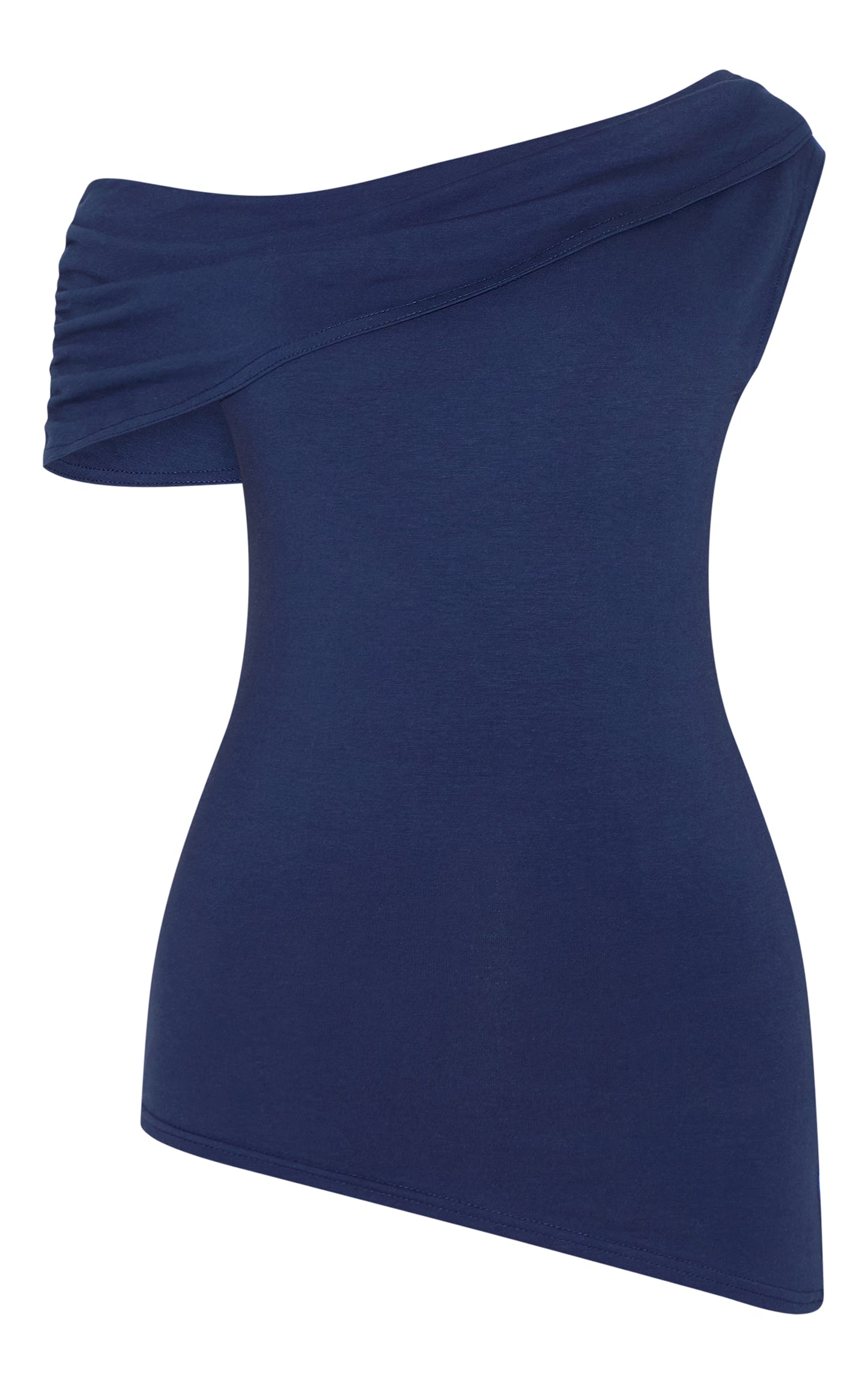 Navy Fold Over Cotton Asymmetric Hem Long Top