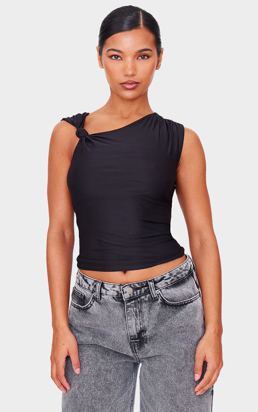 Black Slinky Knot Strap Detail Long Top