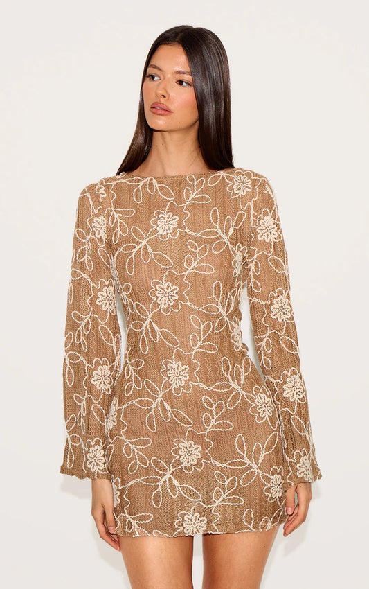 Tan Textured Floral Long Sleeve Shift Dress