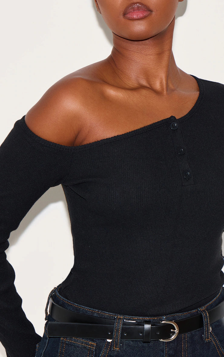 Black Rib Button Detail Asymmetric Long Sleeve Top