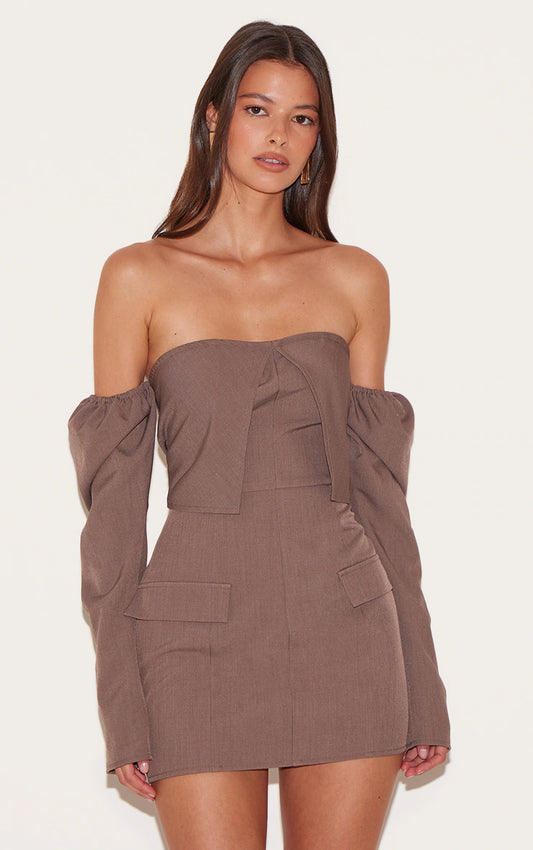 Mushroom Woven Tailored Long Sleeve Bardot Pocket Detail Mini Dress